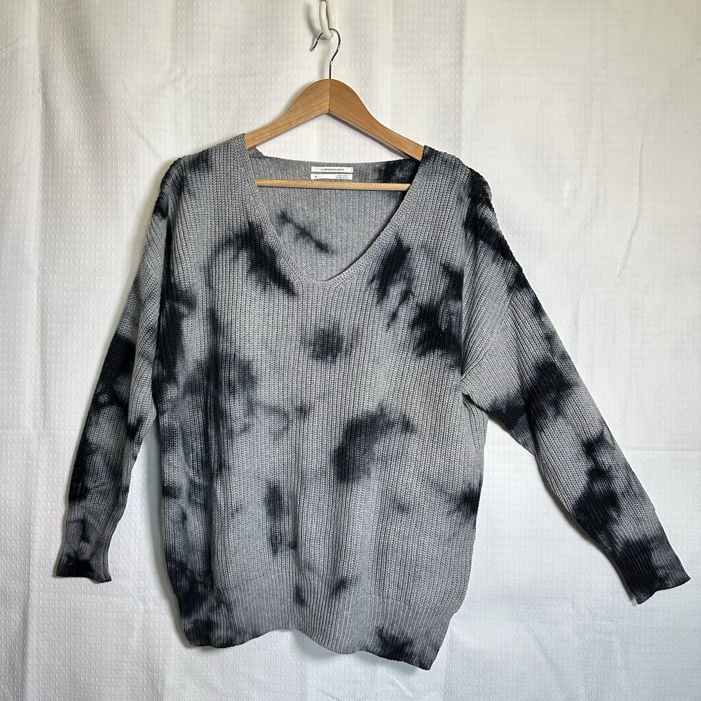 Anthropologie Gray Black Tie-Dye 100% Cotton V-Neck Sweater Size Medium